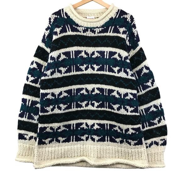 Vintage Mens Hand Knit Print Sweater Chunky Wool Winter size L - Picture 1 of 9